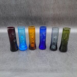 Vintage Set of 6 Multi Color Etched Glass Shot Glasses w/ Handles Made in Korea